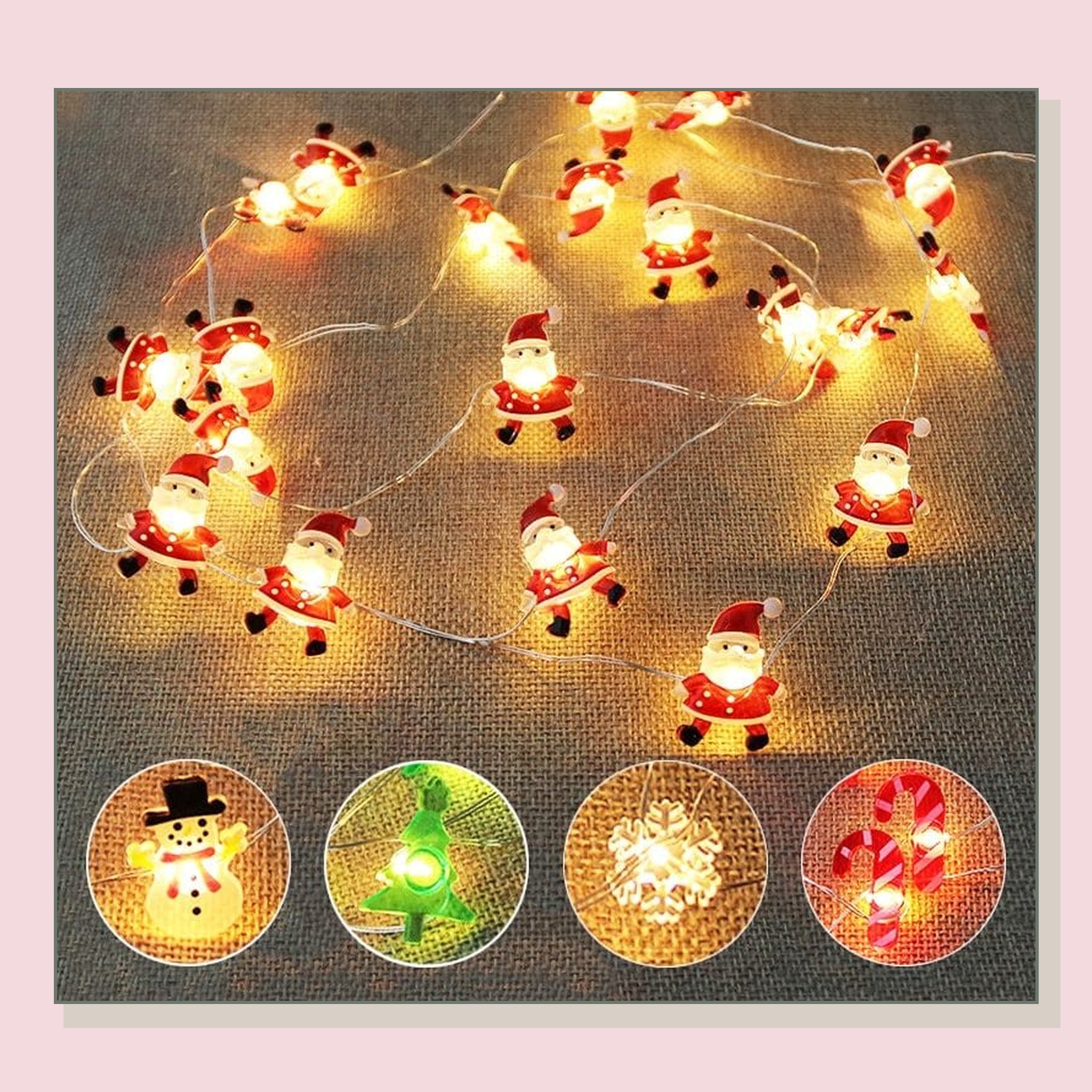 Détail des motifs bonhomme de neige, sapin, flocon et friandise de la guirlande de Noël Image