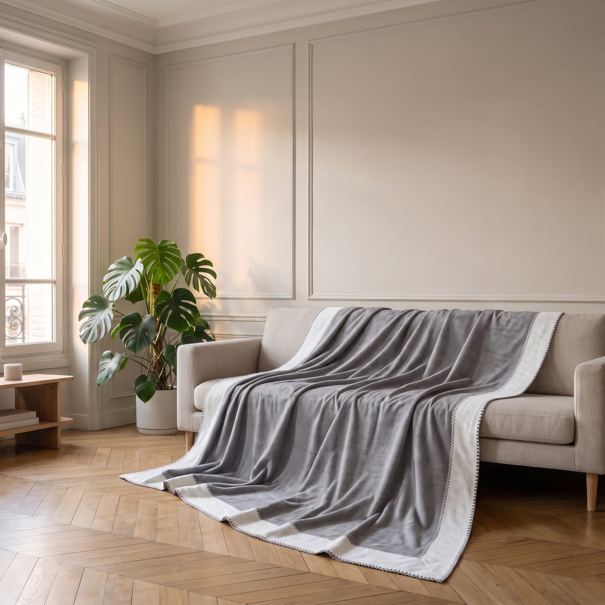 Plaid bicolore gris et écru posé sur un canapé