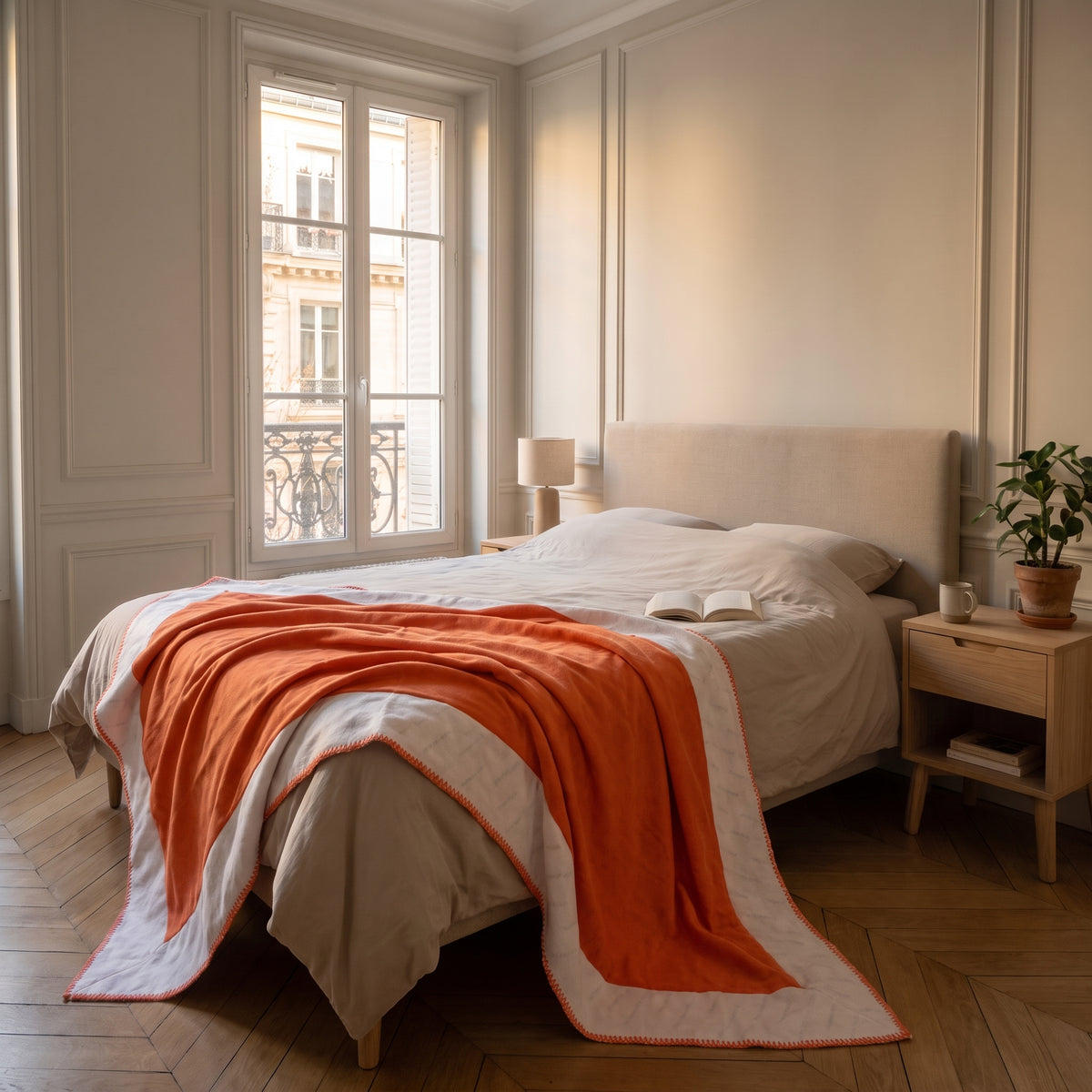 Plaid bicolore orange et écru au pied d'un lit
