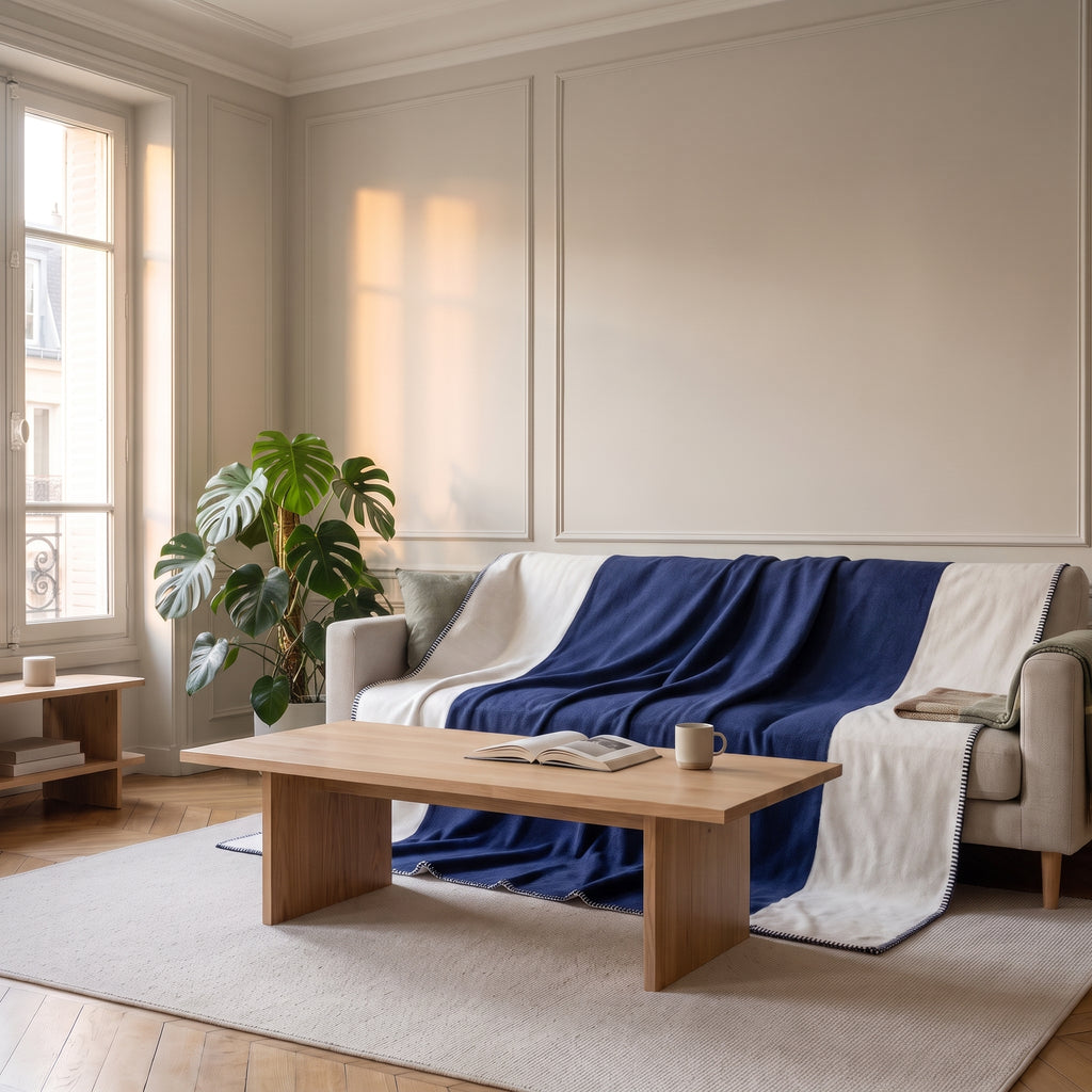 Plaid bicolore bleu et écru disposé sur un canapé
