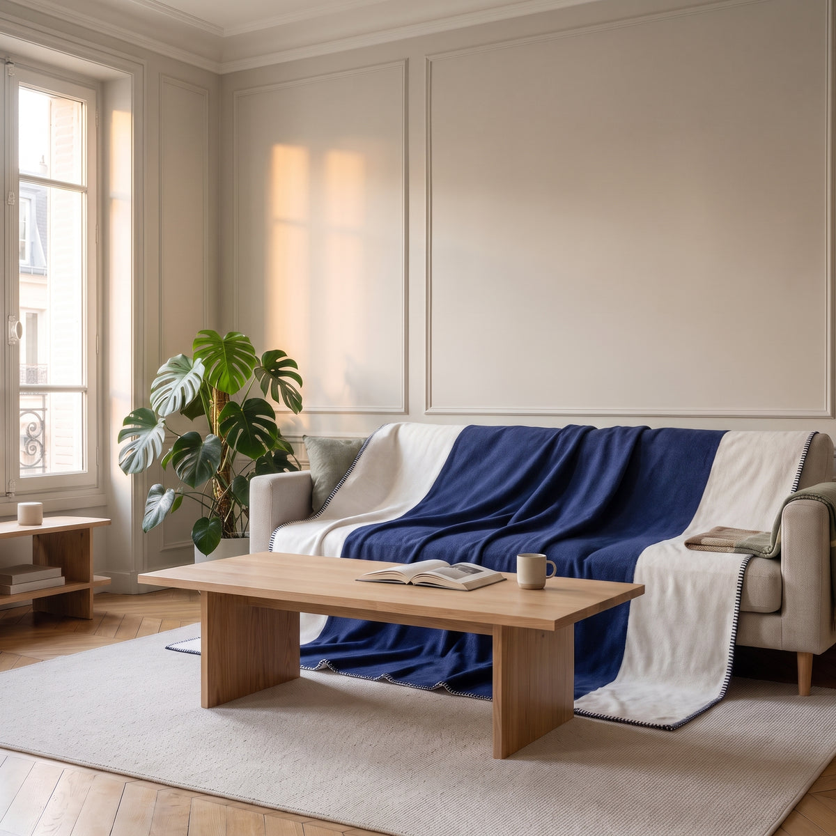 Plaid bicolore bleu et écru disposé sur un canapé