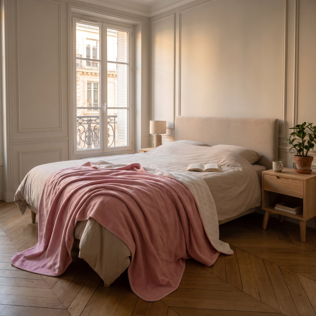 Plaid bicolore rose et écru au pied d'un lit