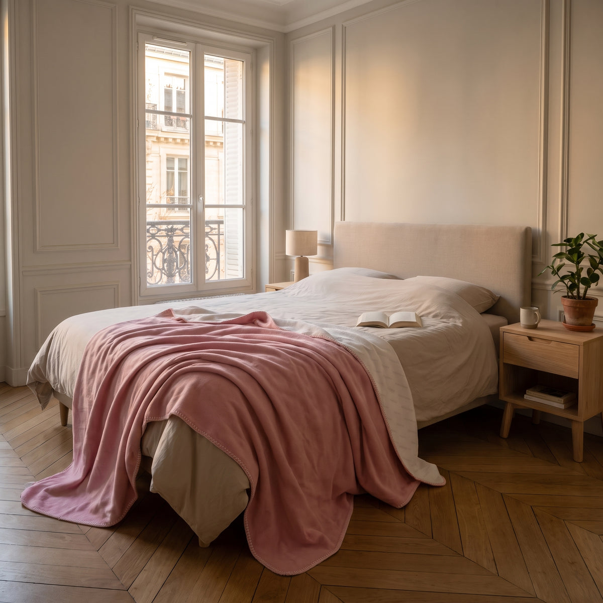 Plaid bicolore rose et écru au pied d'un lit