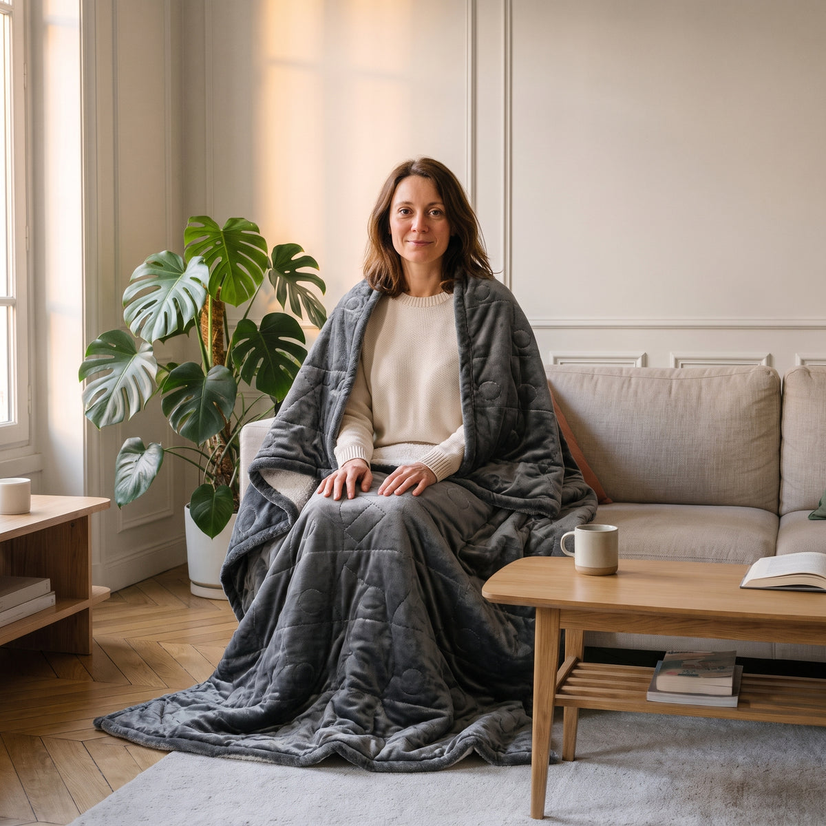 Femme du casting enveloppée dans le plaid chauffant gris anthracite, assise sur le canapé du salon
