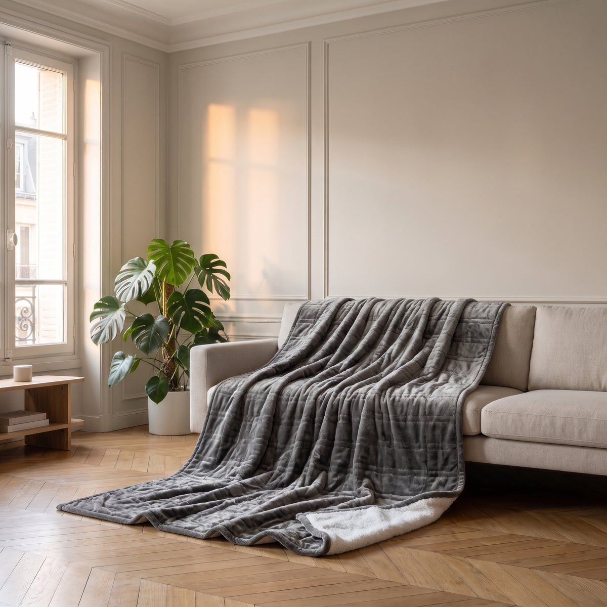 Plaid chauffant gris anthracite 125 x 150 cm jeté sur le canapé du salon