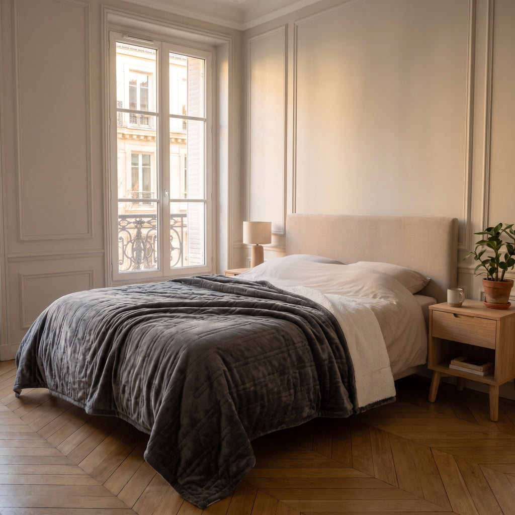Plaid chauffant gris anthracite 120 x 160 cm déployé sur le lit de la chambre