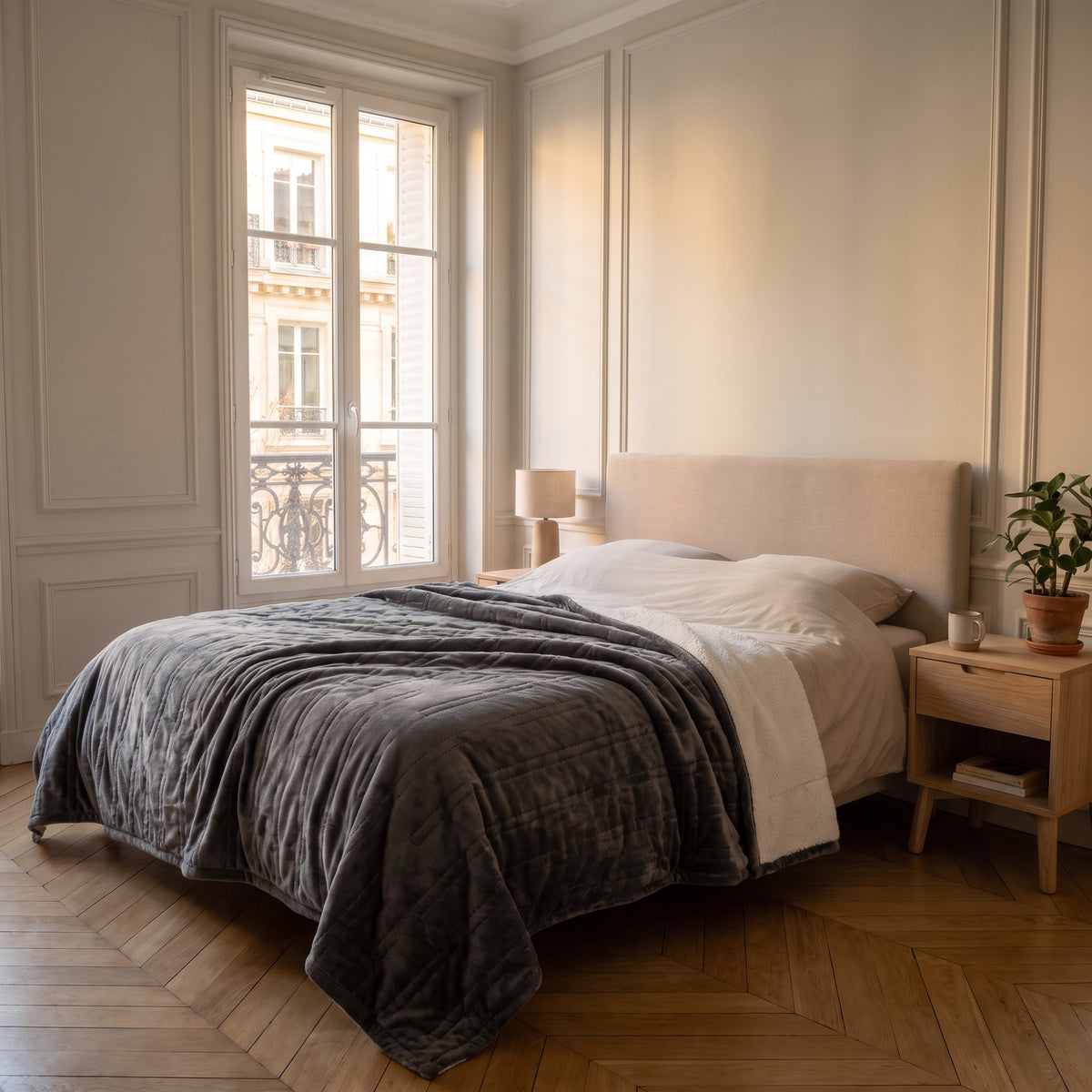 Plaid chauffant gris anthracite 120 x 160 cm déployé sur le lit de la chambre