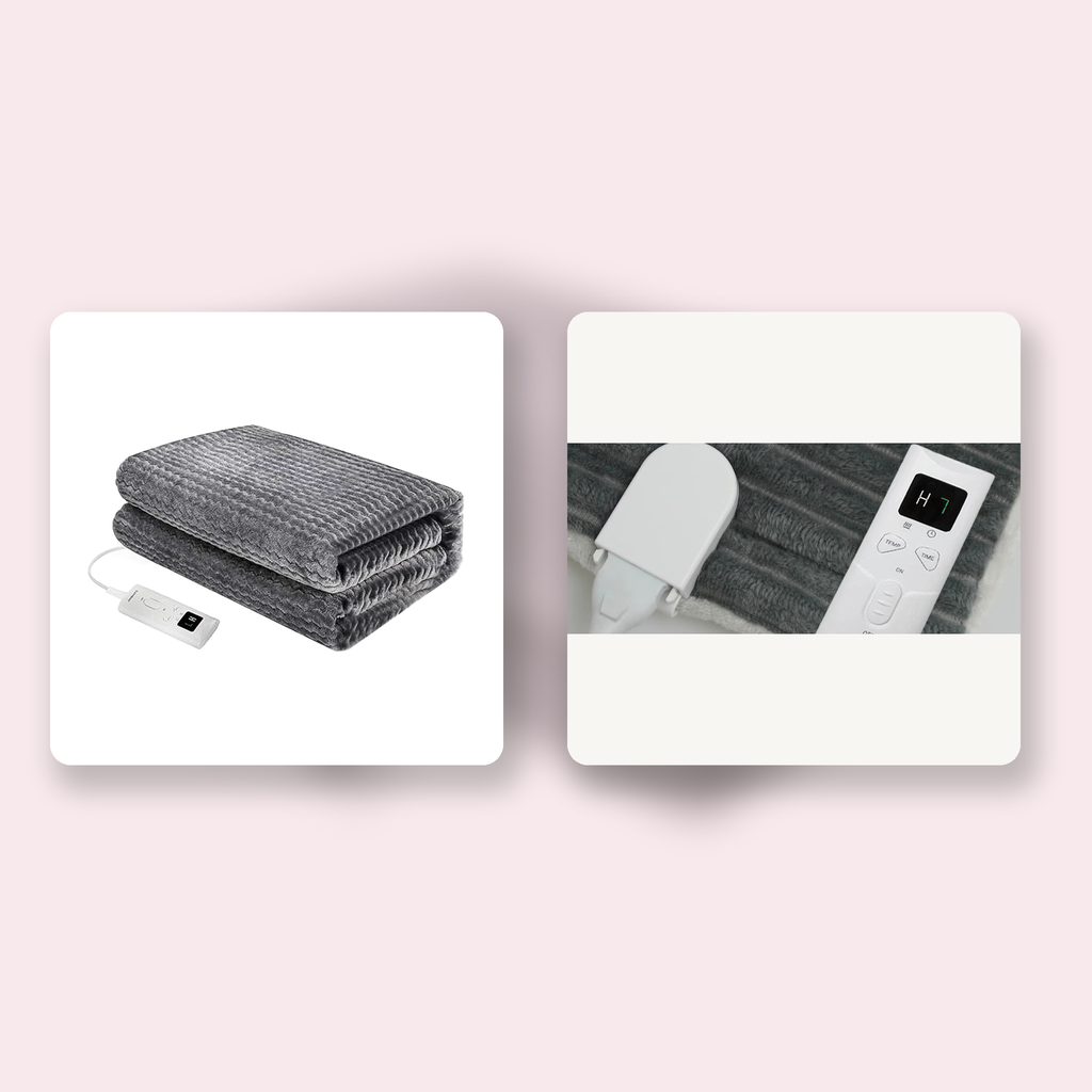 Plaid chauffant gris côtelé avec commande filaire et connecteur amovible