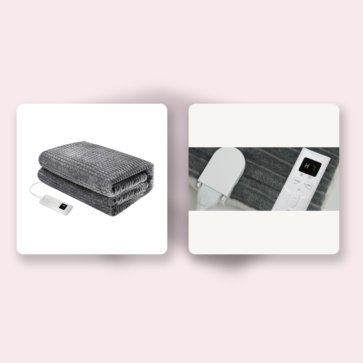 Plaid chauffant gris côtelé avec commande filaire et connecteur amovible