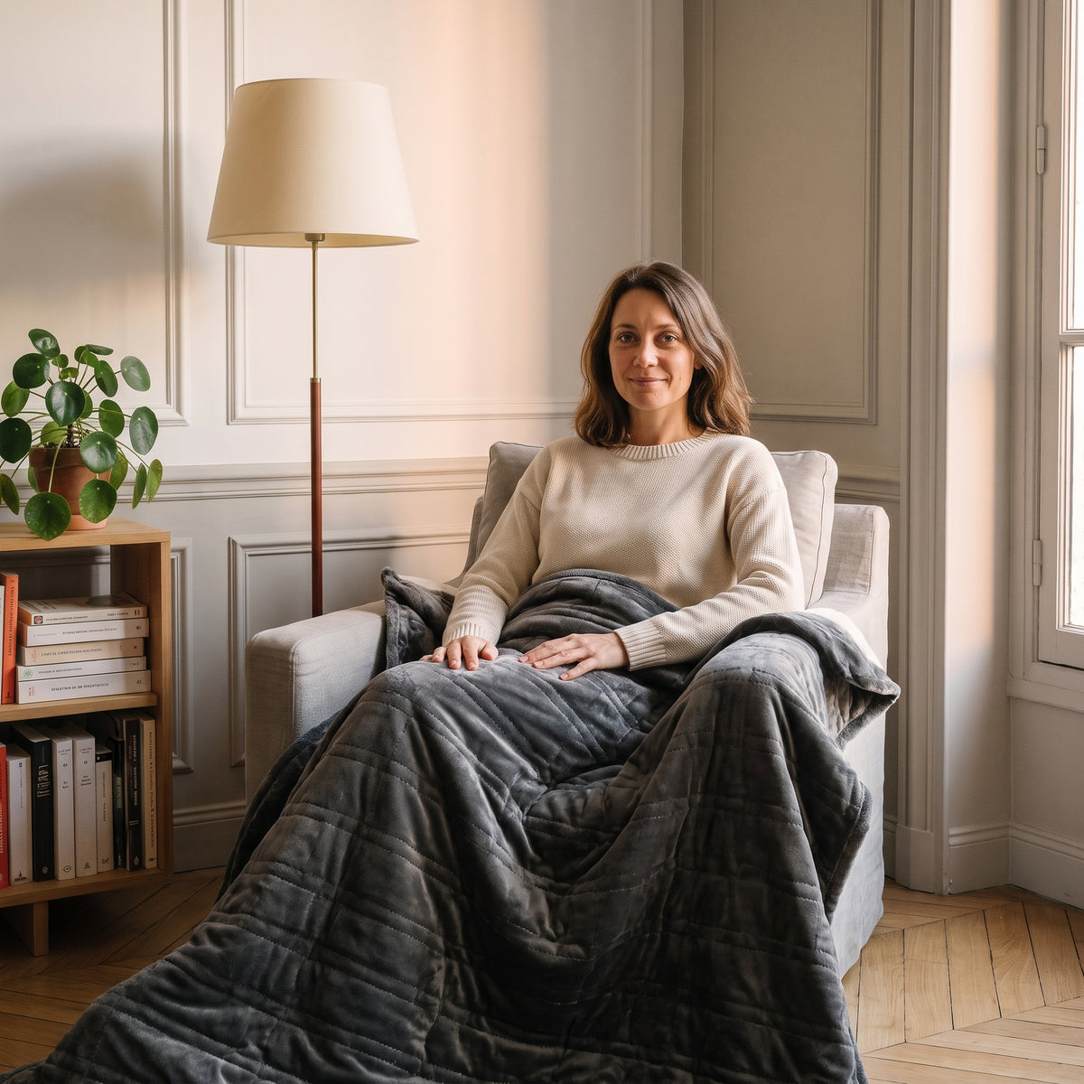 Femme du casting installée dans le fauteuil du coin lecture, le plaid chauffant gris anthracite sur les jambes Image