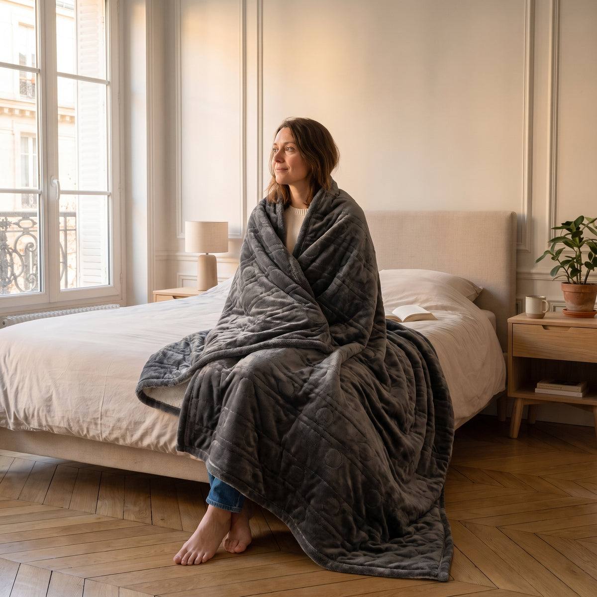 Femme du casting assise au bord du lit, enveloppée dans le plaid chauffant gris anthracite Image