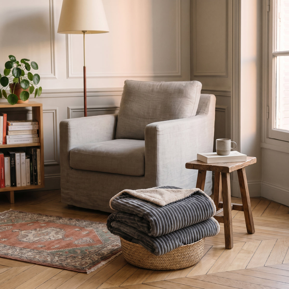 Plaid chauffant gris côtelé plié dans le coin lecture