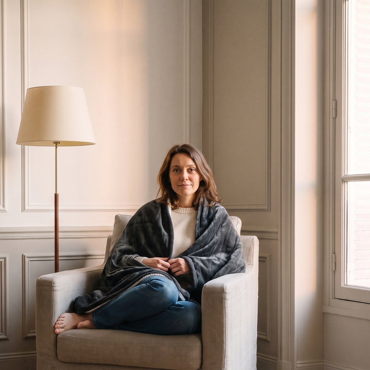 Femme du casting enveloppée dans le plaid chauffant sherpa gris anthracite