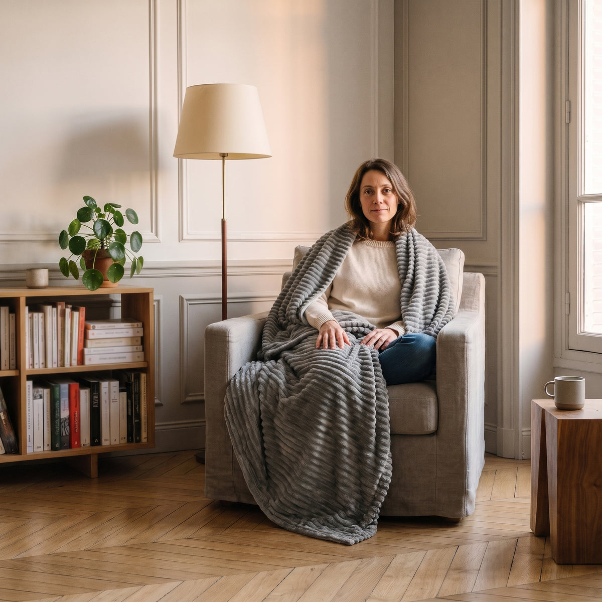 Femme du casting enveloppée dans le plaid chauffant gris côtelé