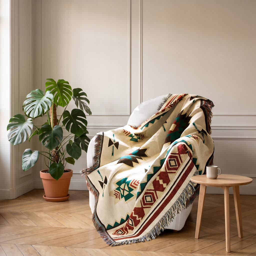 Plaid bohème à franges installé sur un fauteuil dans un coin lecture