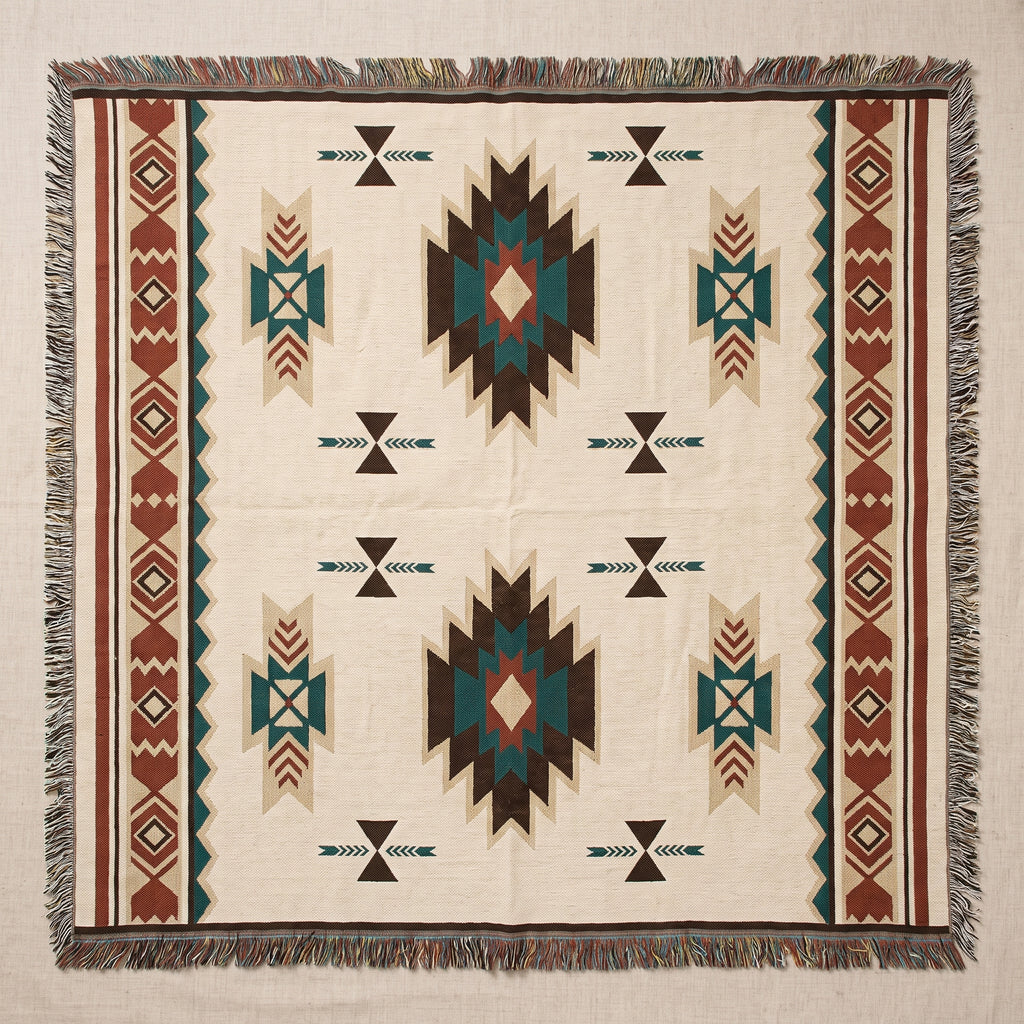 Plaid bohème à motifs géométriques entièrement déployé avec ses franges