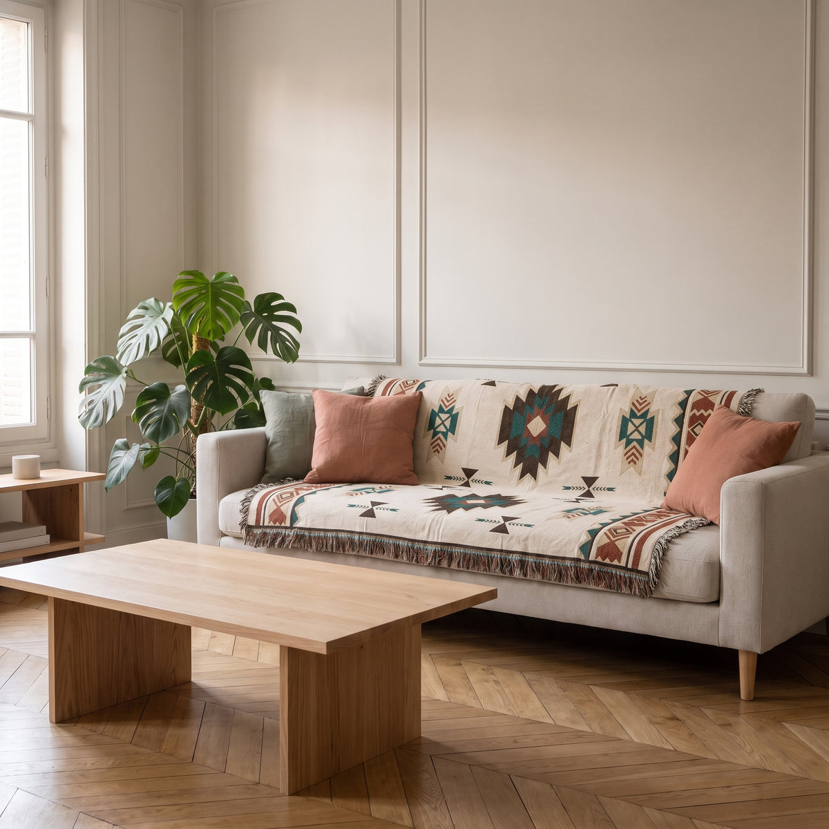 Plaid bohème à motifs géométriques déployé sur un canapé clair dans un salon