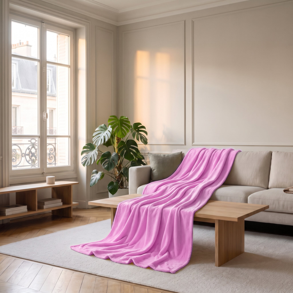 Plaid couverture rose joliment drapé sur le canapé dans le salon