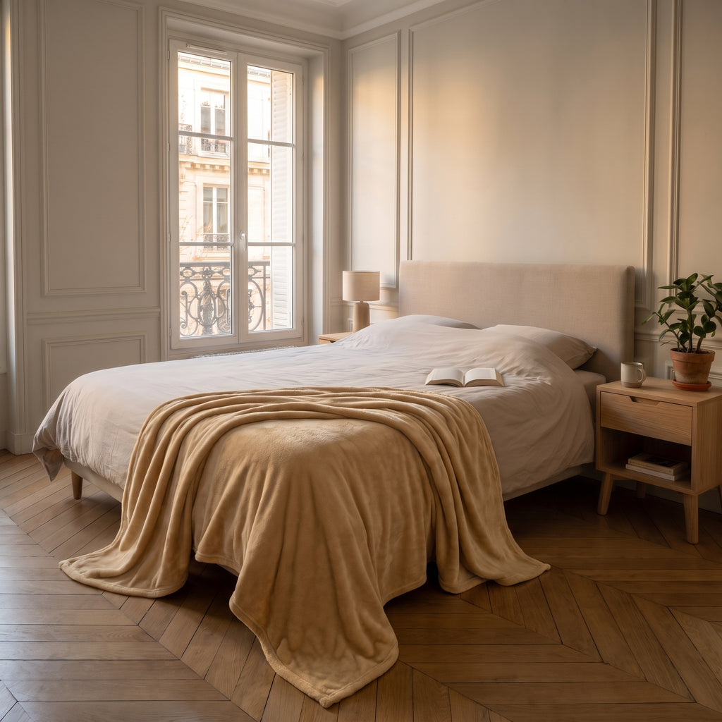 Plaid couverture beige déployé sur un lit