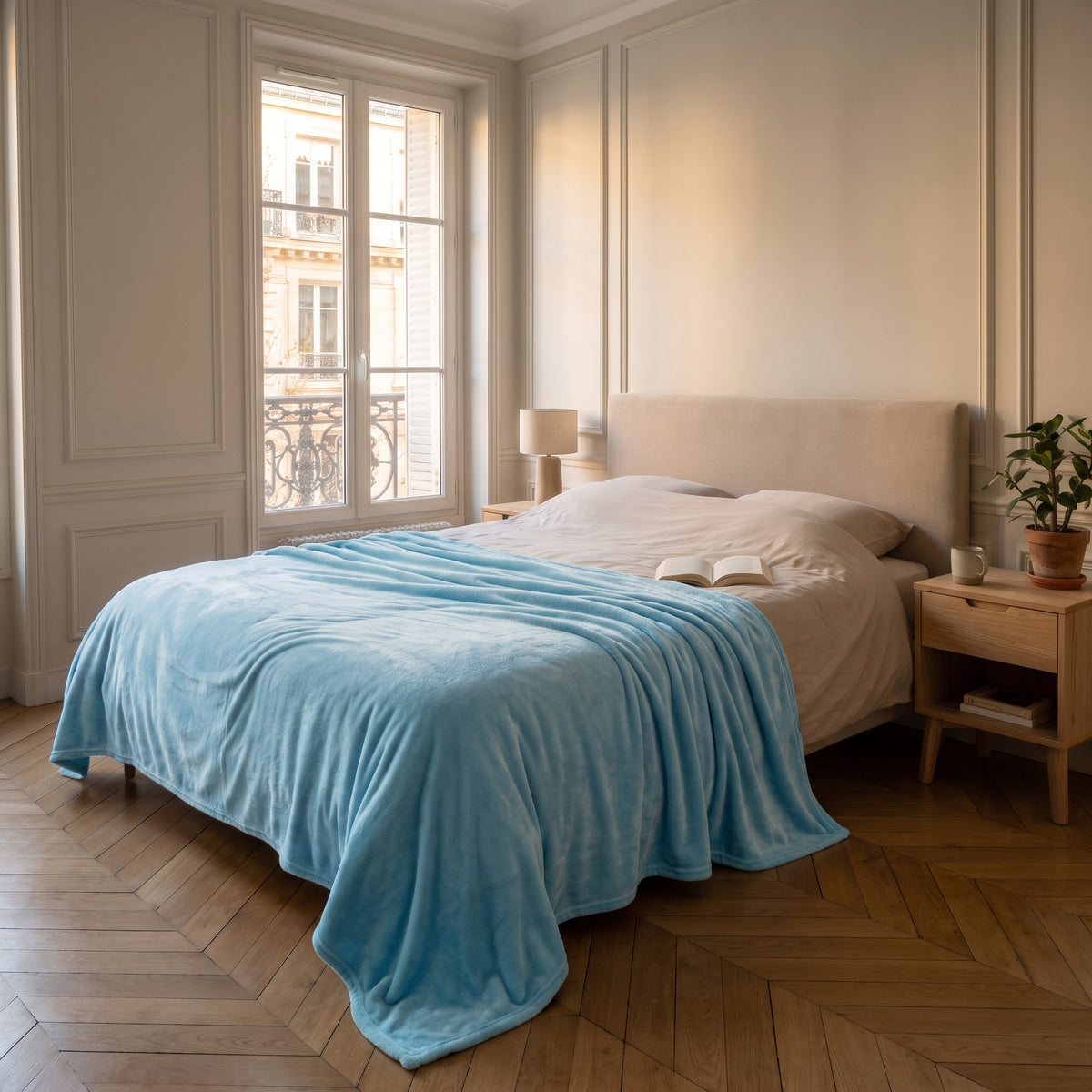 Plaid couverture bleu clair déployé sur un lit