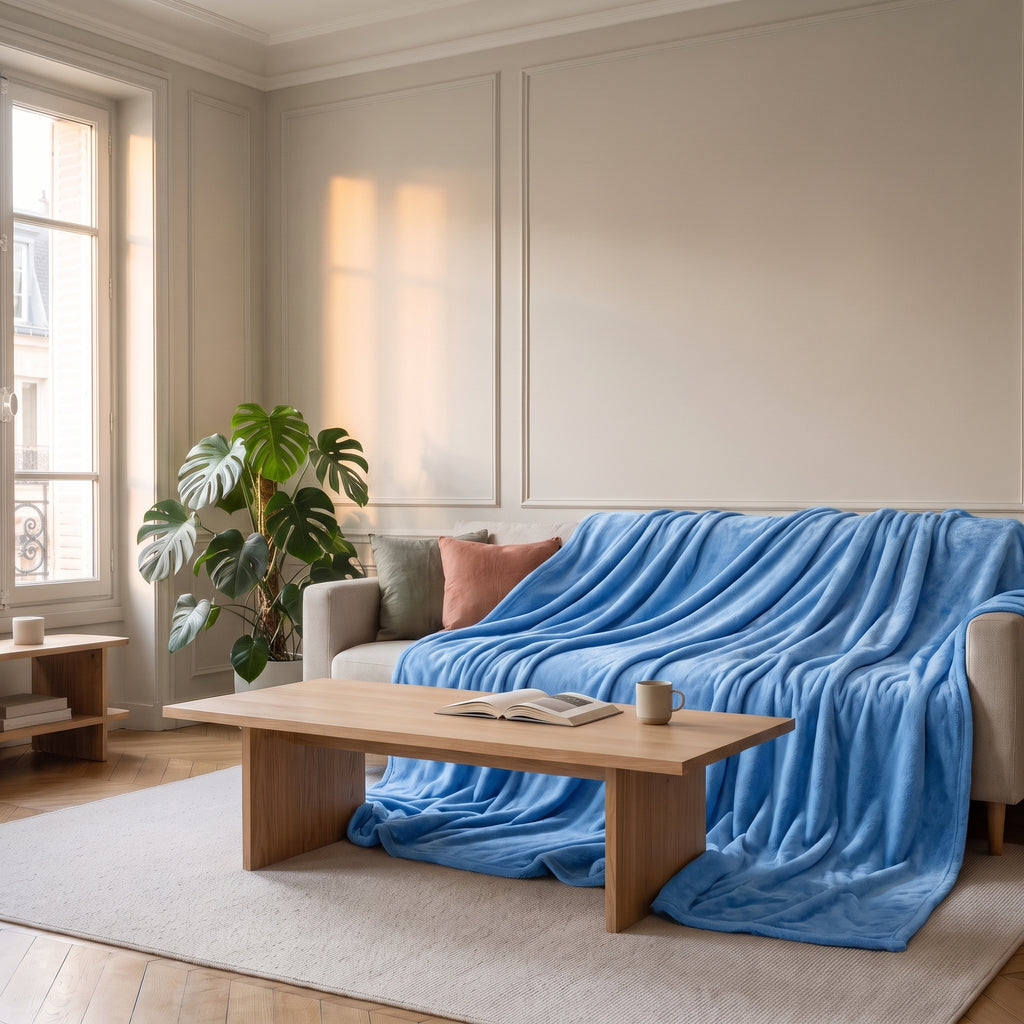 Plaid couverture bleu disposé sur un canapé