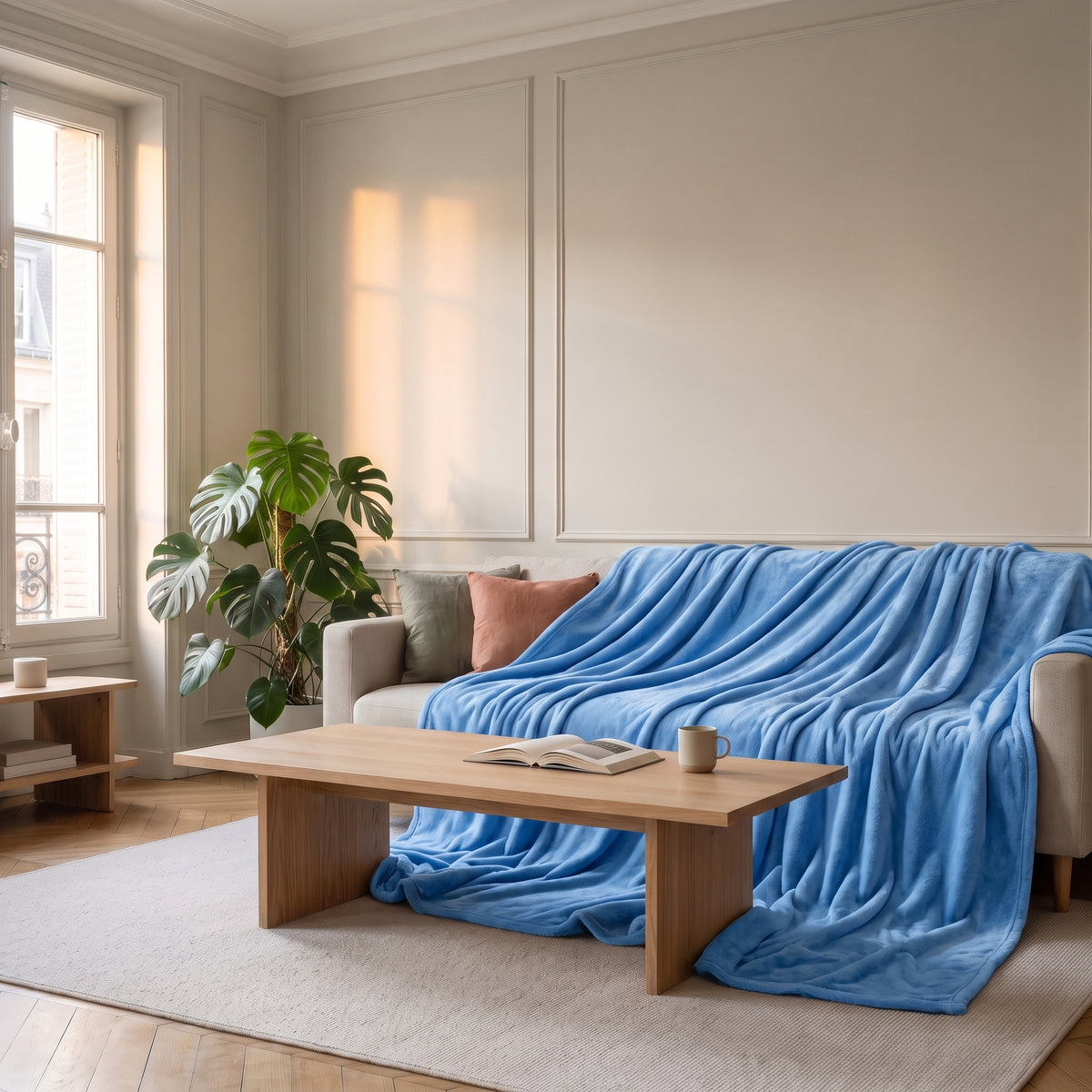 Plaid couverture bleu disposé sur un canapé