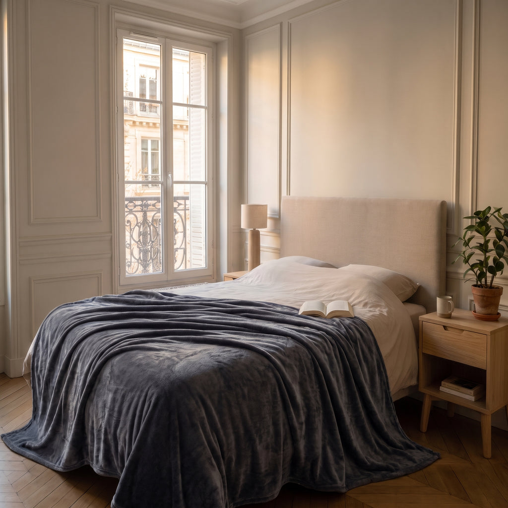 Plaid couverture gris foncé déployé sur un lit