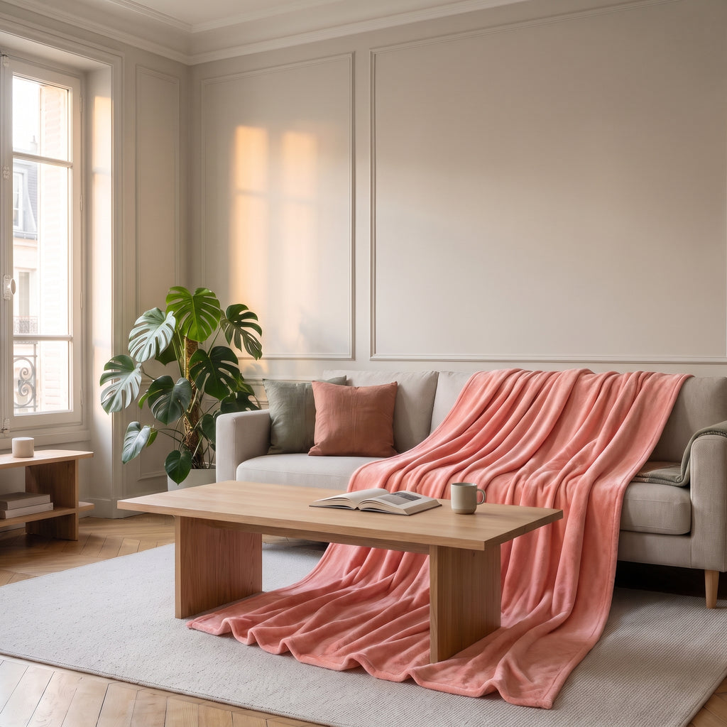Plaid couverture corail clair disposé sur un canapé