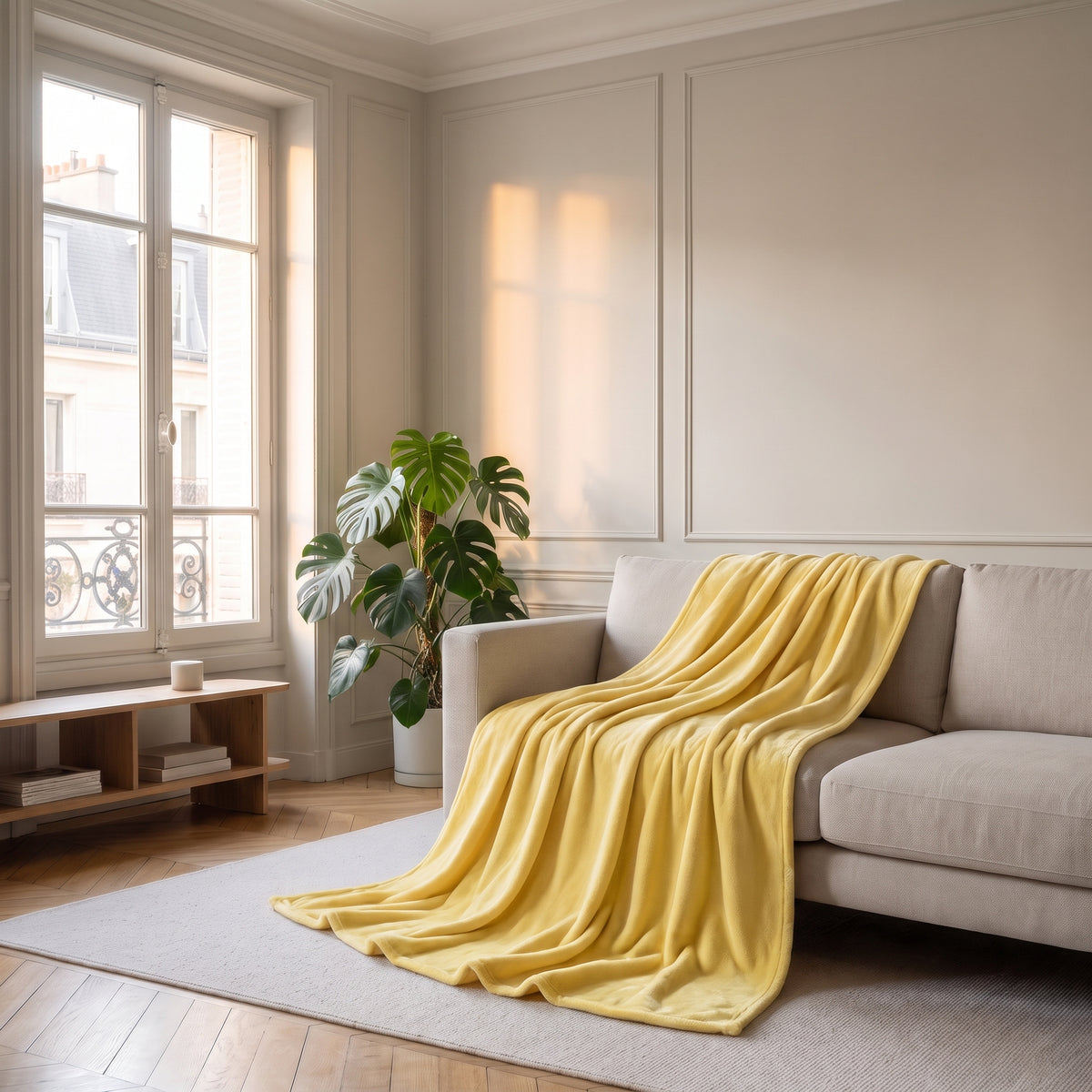 Plaid couverture jaune disposé sur un canapé
