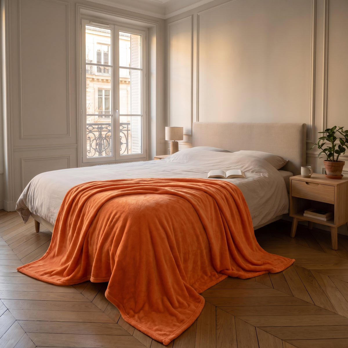Plaid couverture orange déployé sur un lit
