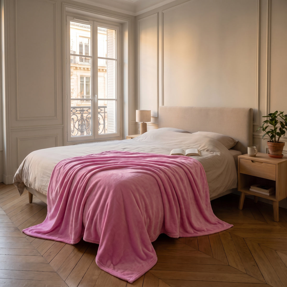Plaid couverture rose déployé sur un lit