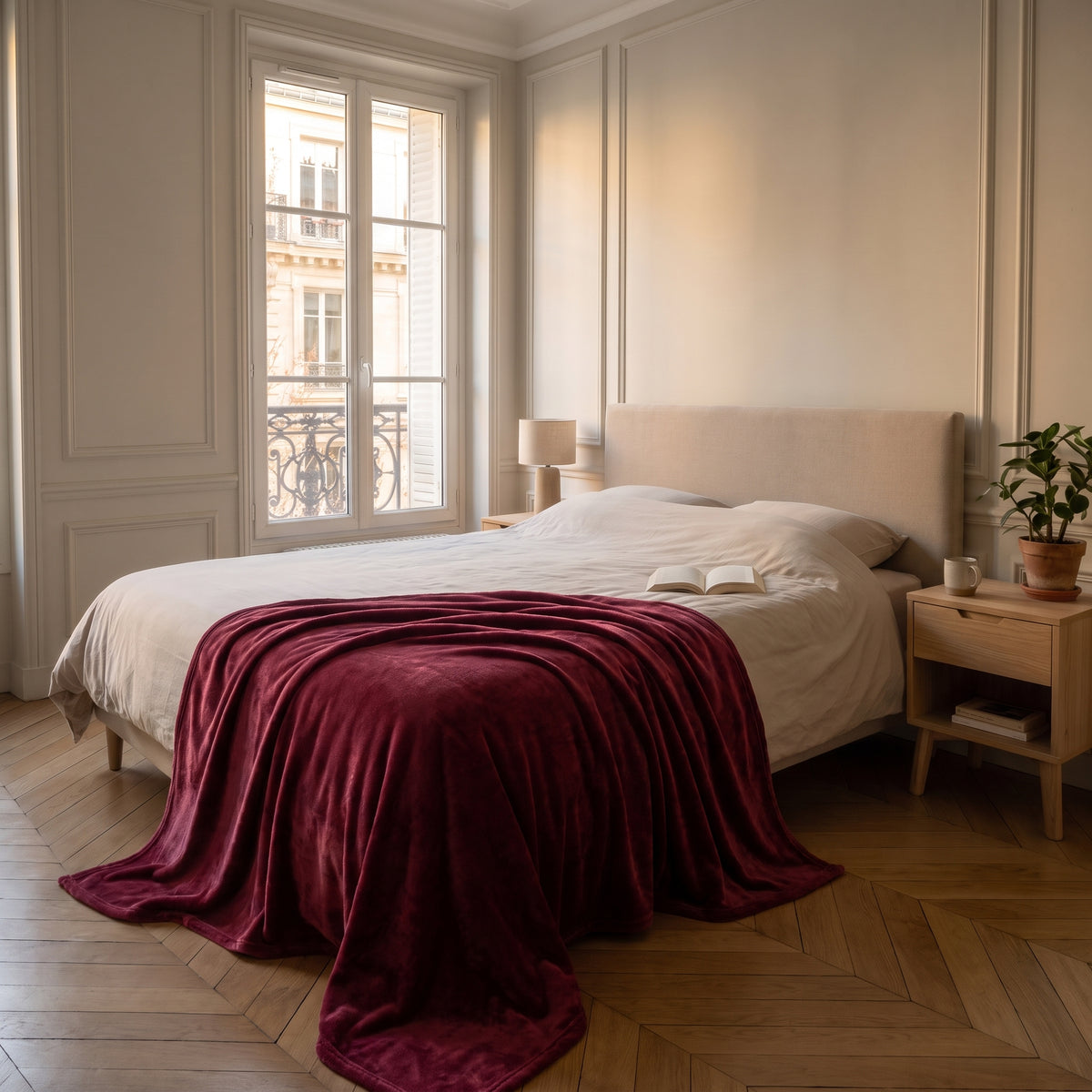 Plaid couverture rouge foncé déployé sur un lit