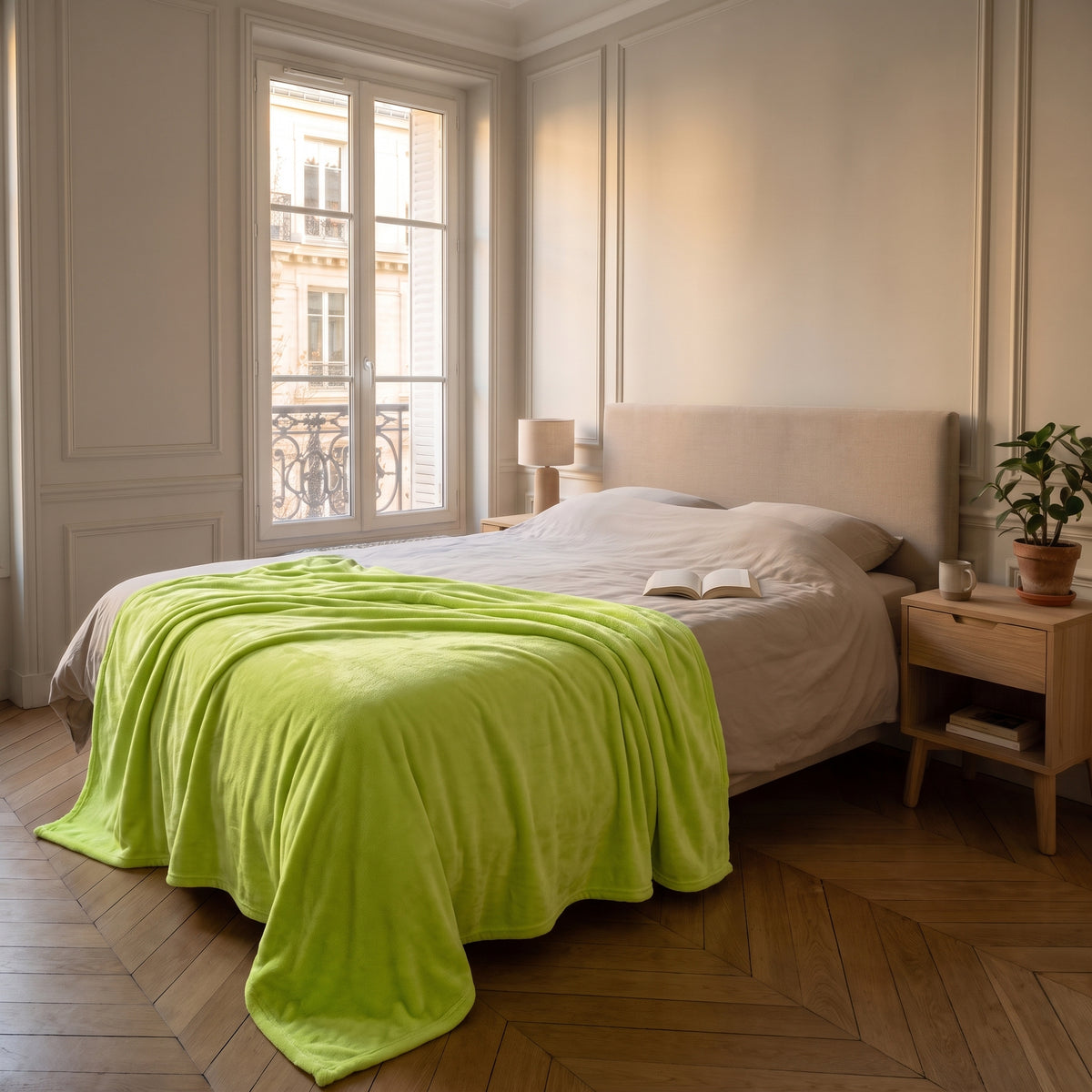 Plaid couverture vert anis déployé sur un lit