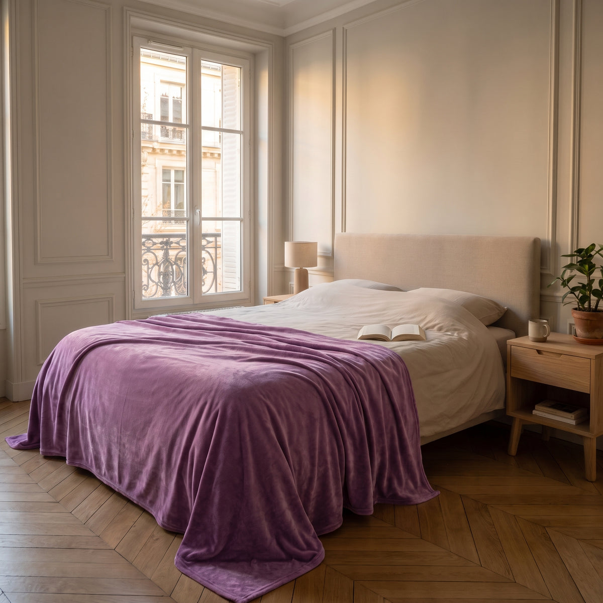 Plaid couverture mauve déployé sur un lit
