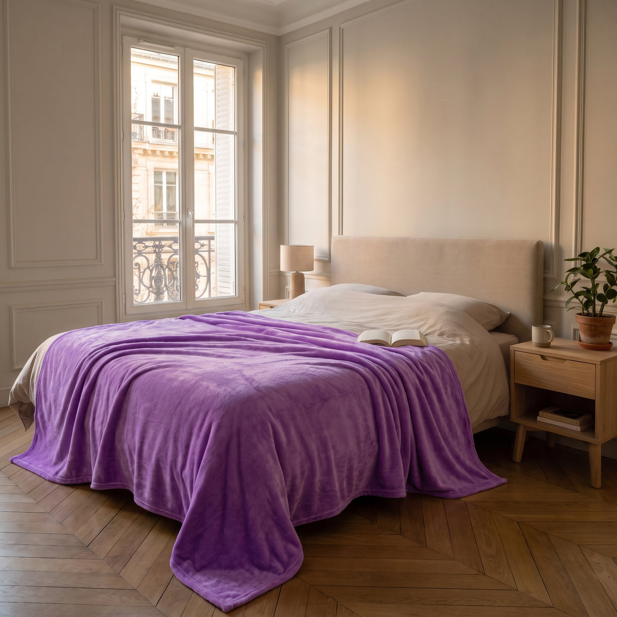 Plaid couverture lilas déployé sur un lit