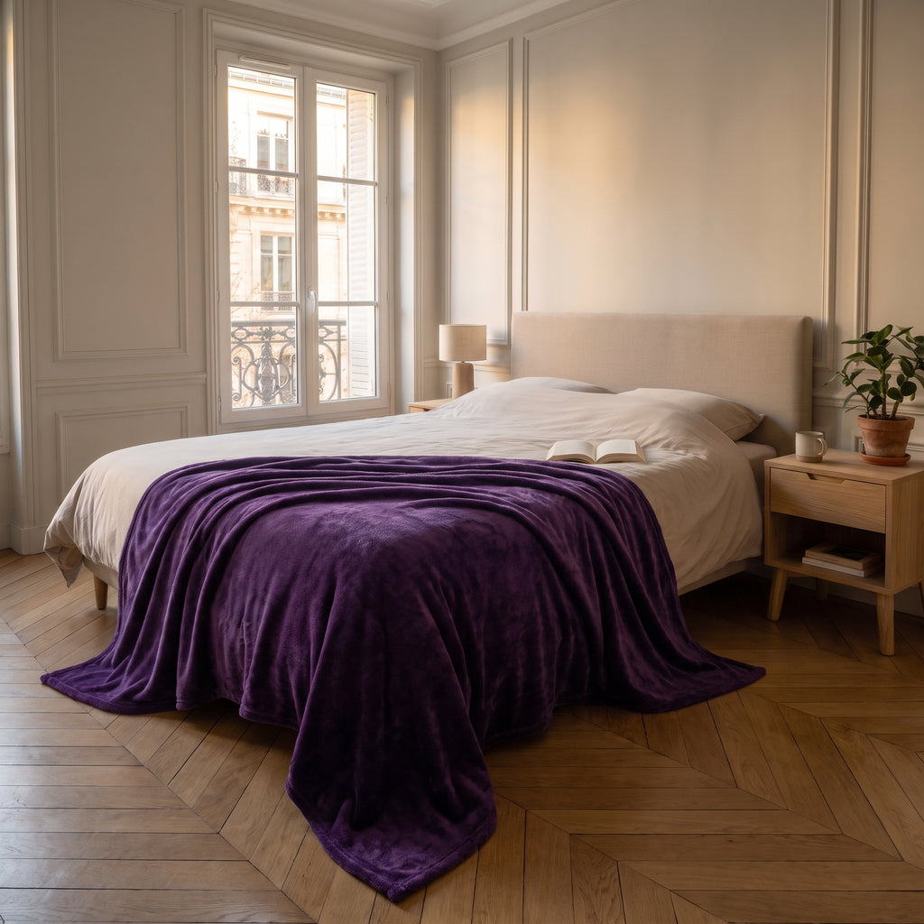 Plaid couverture violet profond déployé sur un lit