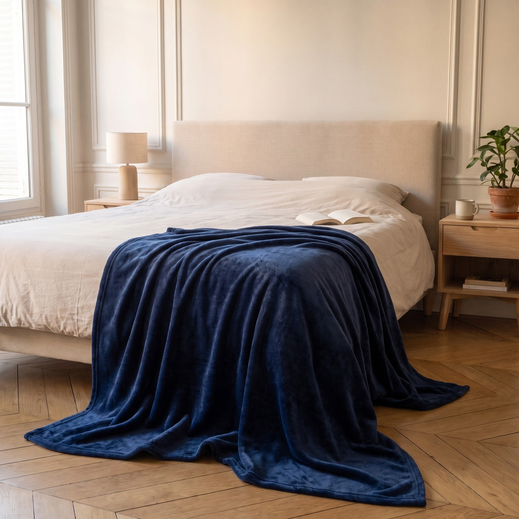 Plaid polaire bleu foncé au pied d’un lit double pour montrer sa retombée et son échelle