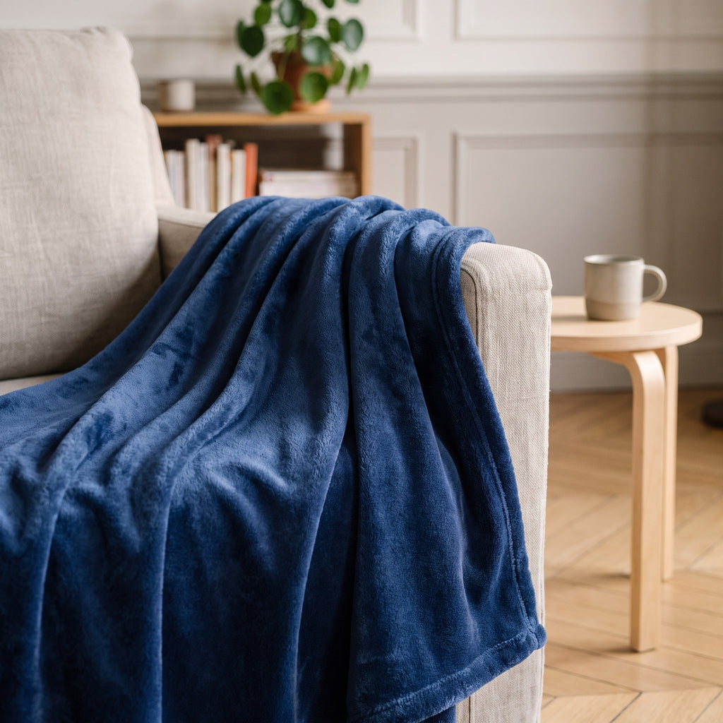 Détail de la surface veloutée et des plis du plaid polaire bleu foncé sur un fauteuil