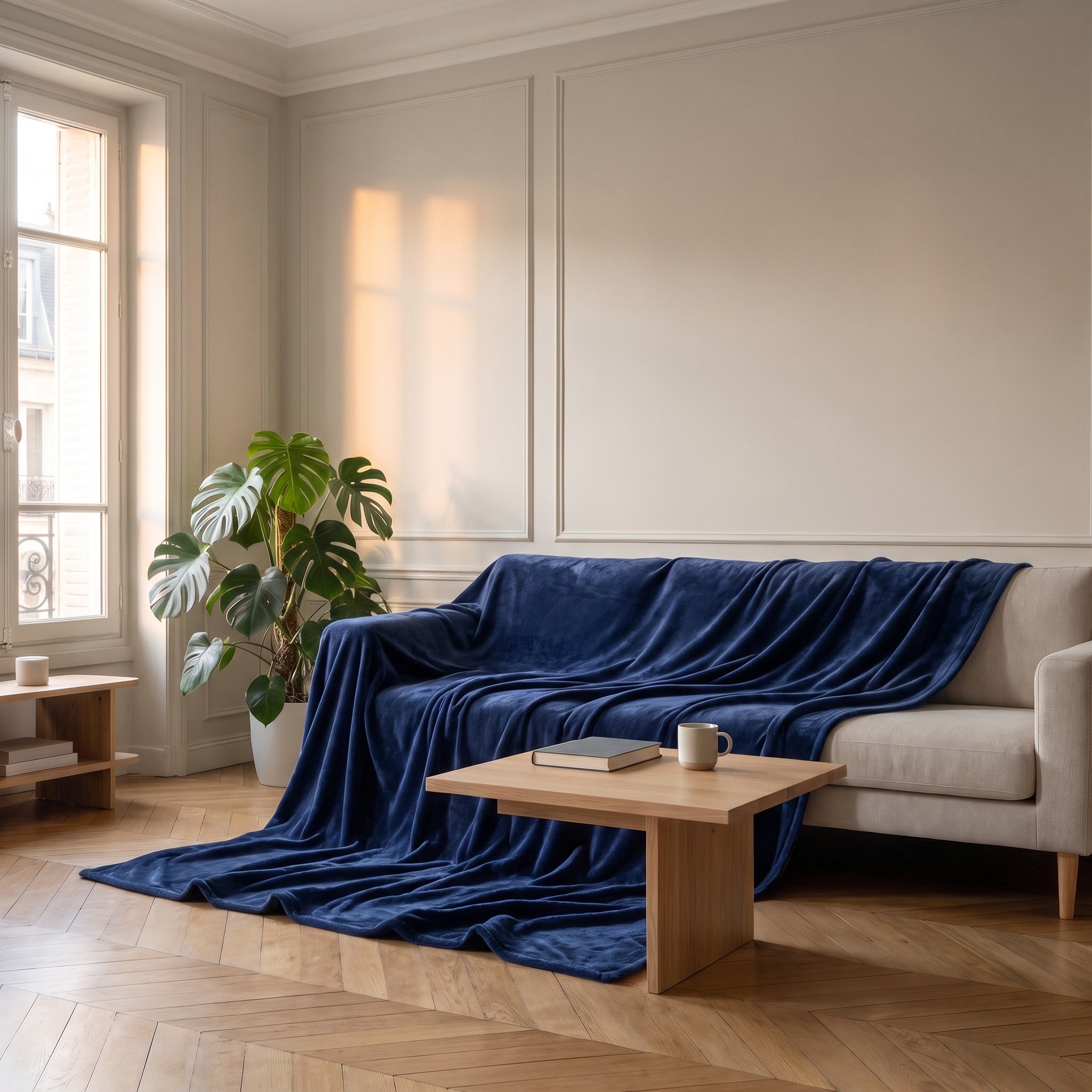 Plaid polaire bleu foncé déployé sur un canapé dans un salon français contemporain Image