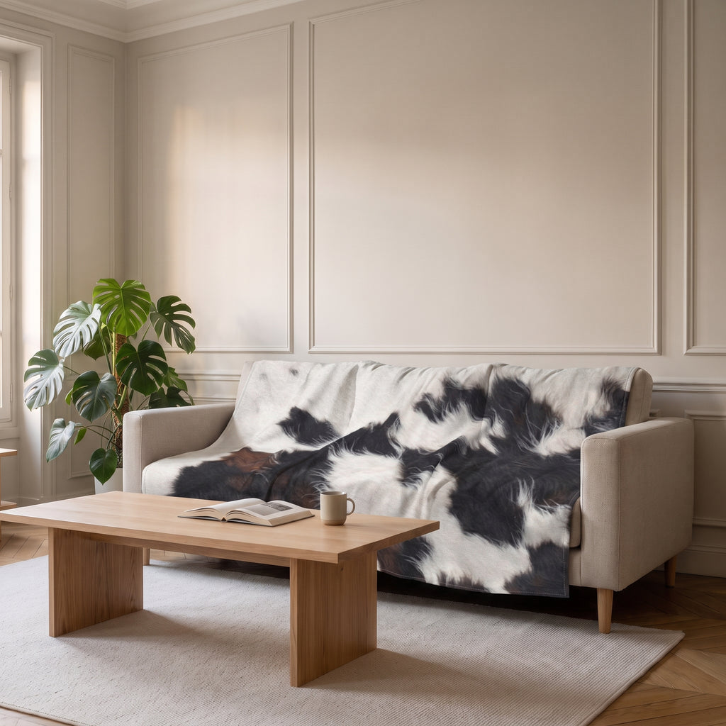 Plaid effet peau de vache sur un canapé dans un salon lumineux