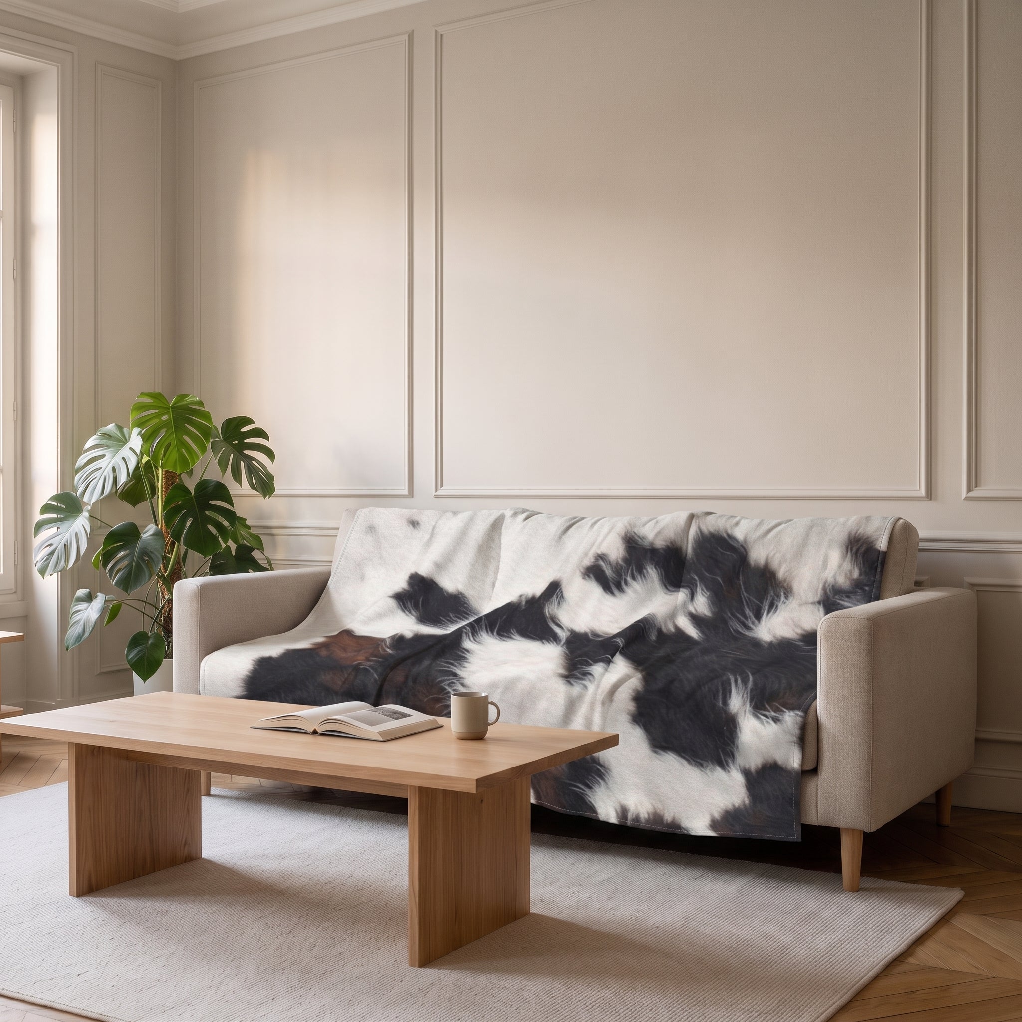 Plaid effet peau de vache sur un canapé dans un salon lumineux Image