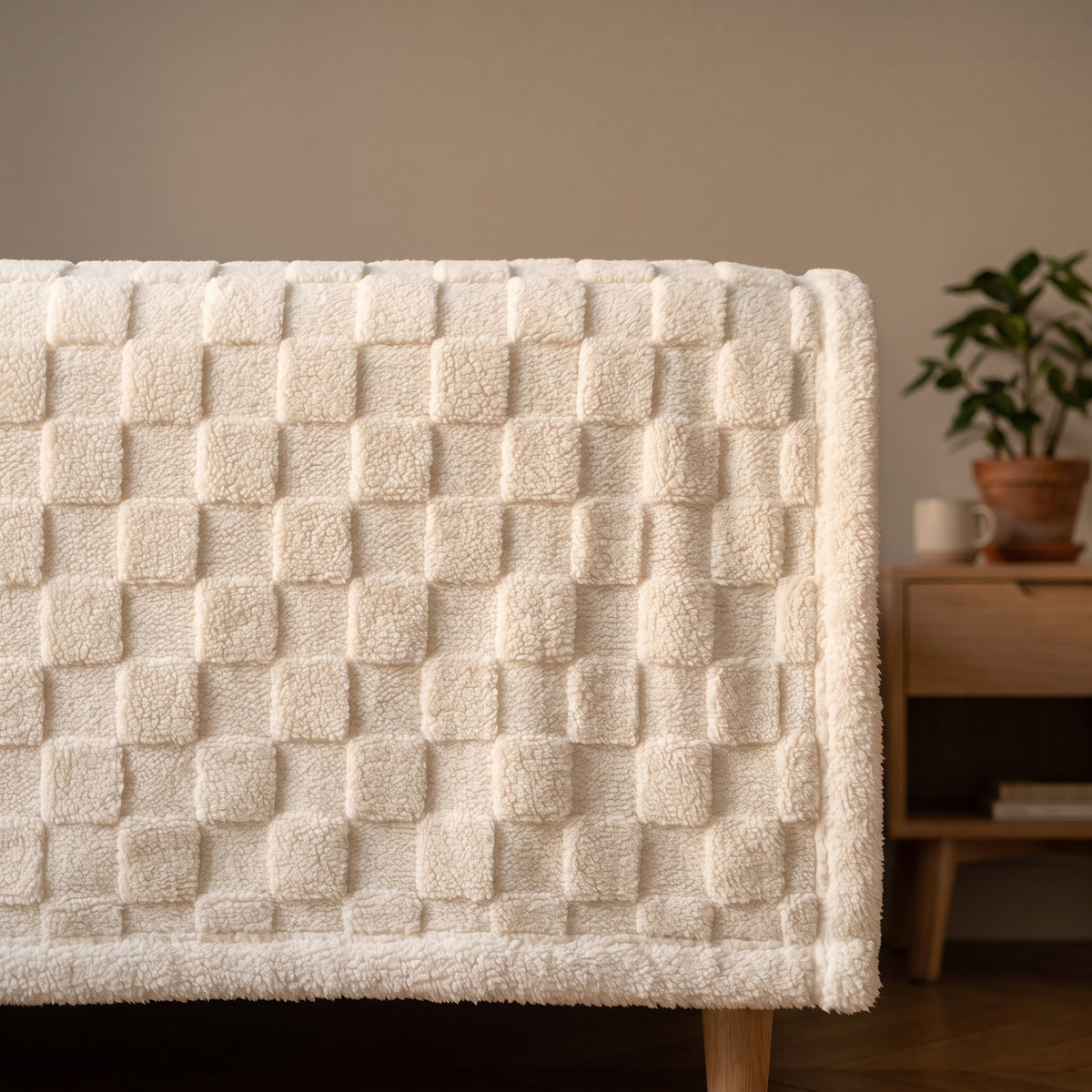 Plaid gaufré blanc plié sur un fauteuil, détail du damier en relief