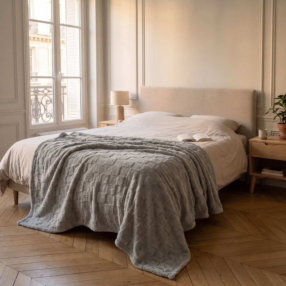 Plaid gaufré gris au pied du lit, vue d’échelle dans la chambre Image