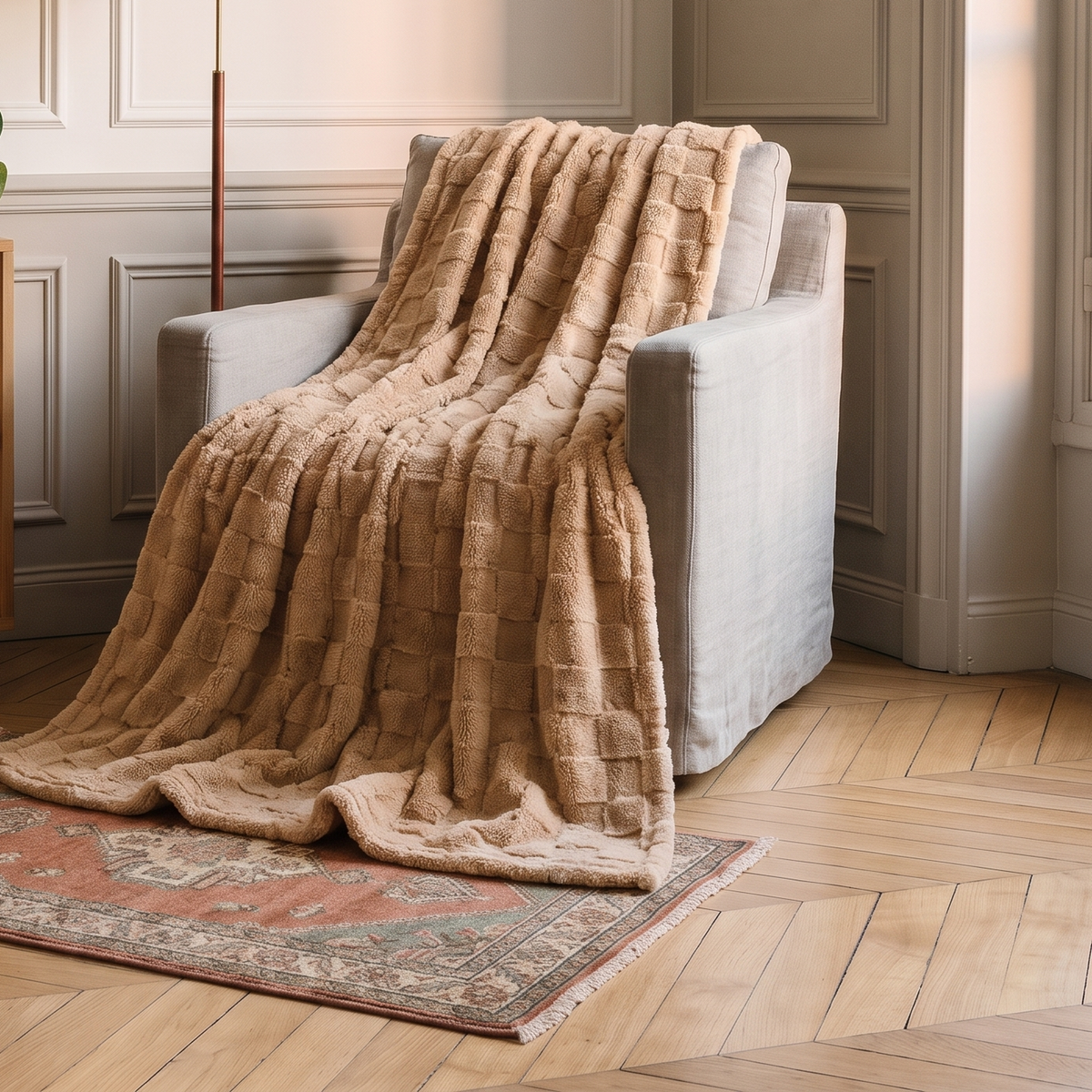 Plaid gaufré marron posé sur un fauteuil dans le coin lecture