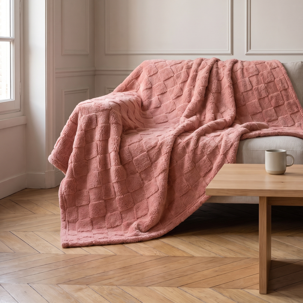 Plaid gaufré rose plié en volume sur un fauteuil de lecture