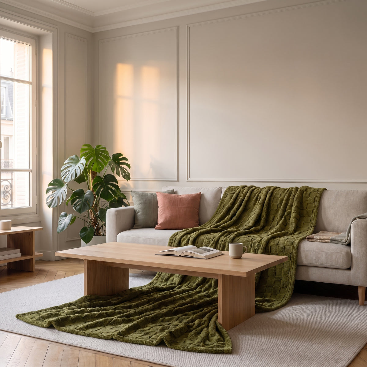 Plaid gaufré vert foncé déployé dans le salon, vue en situation