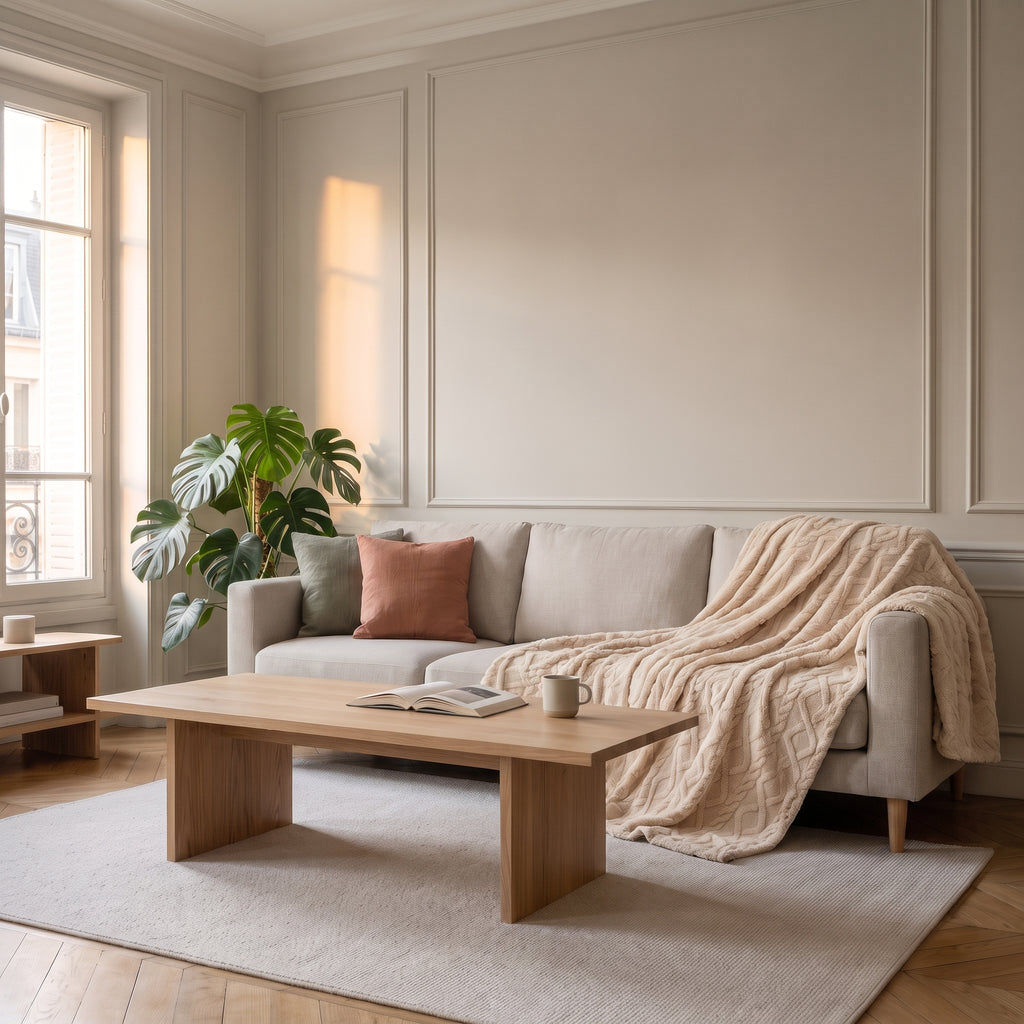Plaid polaire à motifs nervurés en situation, creme echelle