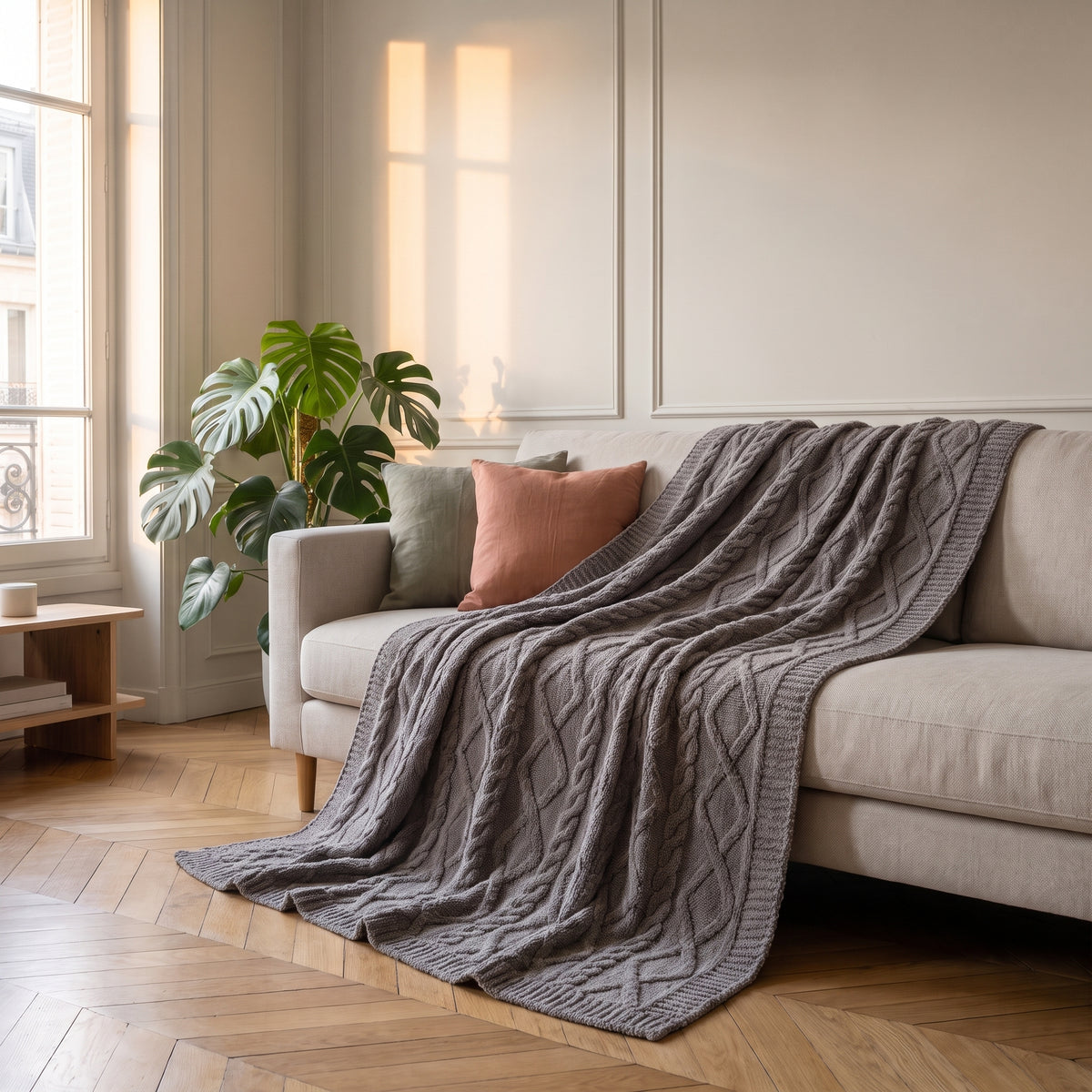 Plaid polaire à motifs nervurés en situation, gris