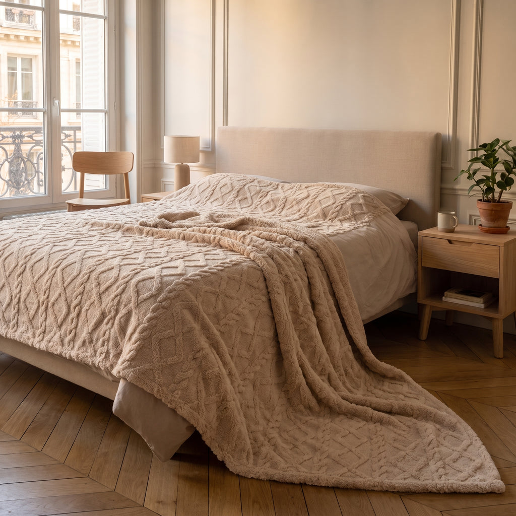 Plaid polaire à motifs nervurés en situation, marron clair