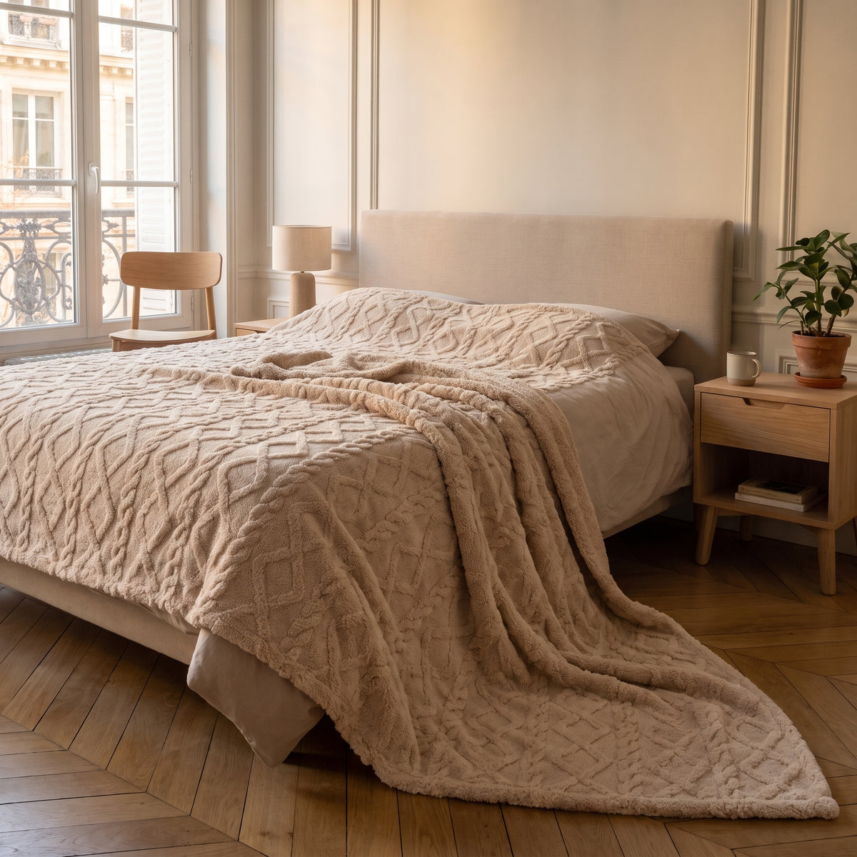 Plaid polaire à motifs nervurés en situation, marron clair